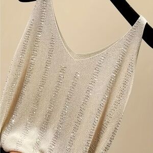 Sleeveless Knit Tank Top with Rhinestone Subtle Shimmer - Beige